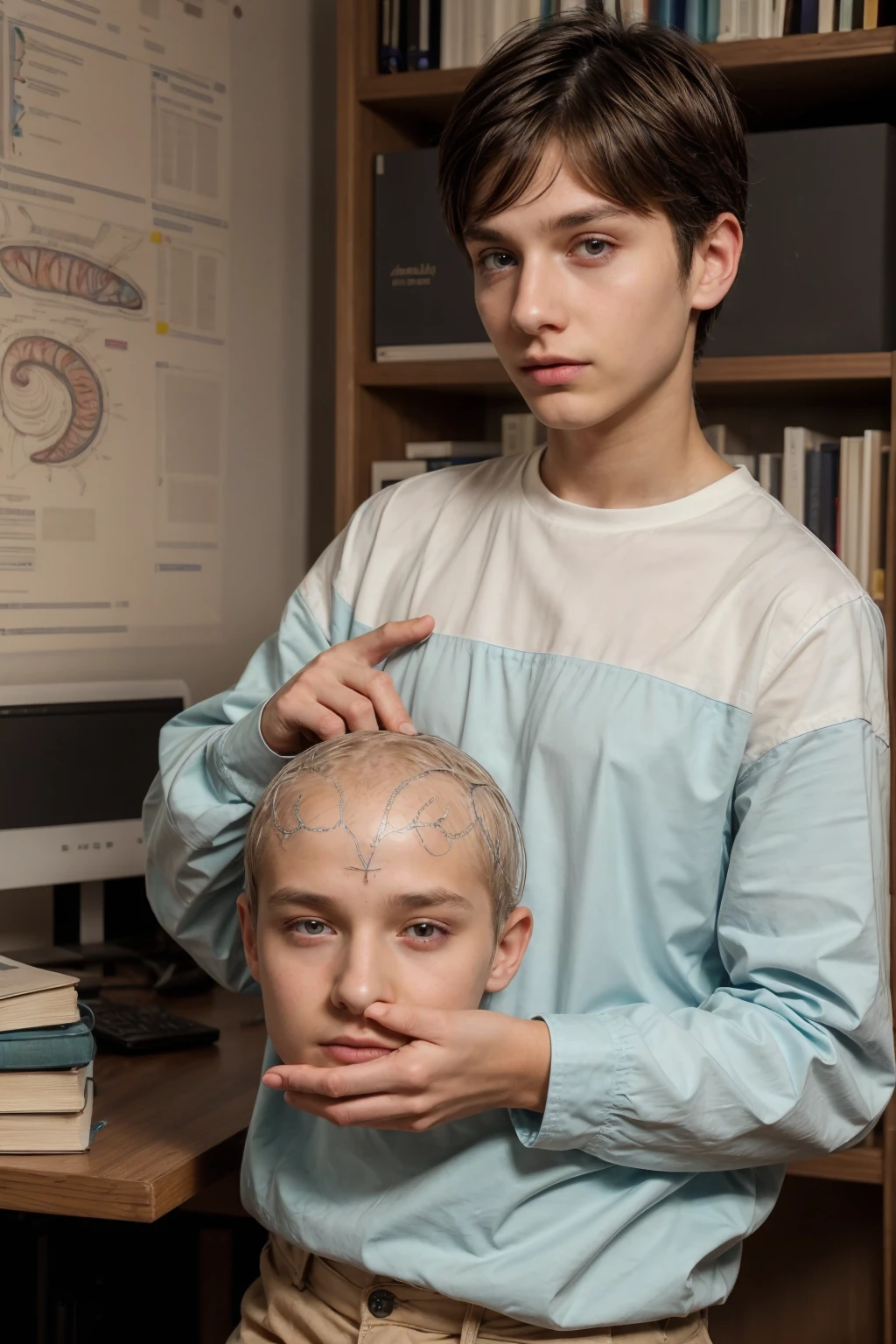 A young male twink, cute and beautiful, with a beautiful face with makeup and blush, and black hair, and his eyes have dark circles under them. He is wearing a long-sleeved aquamarine shirt and white jeans. He is in his scientific office, studying on the blackboard with brain anatomy written on it, and on his desk are medical and scientific books.  Brain anatomy manuscripts and behind them a blackboard with drawings of sperm on them