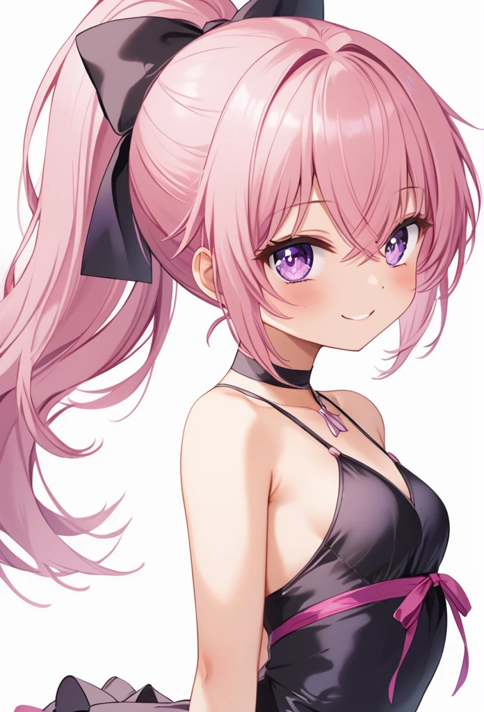 (((masterpiece)))(((Highest quality)))(((8K)))(((4K)))、10 years old、(S)、Straight Ponytail、voluminous ponytail(Pink Hair)(((Pink high ponytail)))、Ribbon on head、Crossed bangs、Light purple eyes、(((Squint your eyes)))、((Smile with your mouth closed))、(((Cute Mini Dresses)))、Small breasts, from behind、turn around、From the waist up、Anime Style