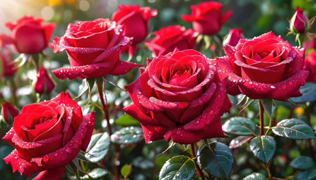 Many red color rose flowers in the garden and sunlight with bokeh, dew drops on flower petals (masterpiece, ultra quality, high resolution, 8k, intricate: 1.2), (masterpiece), (best quality:1)