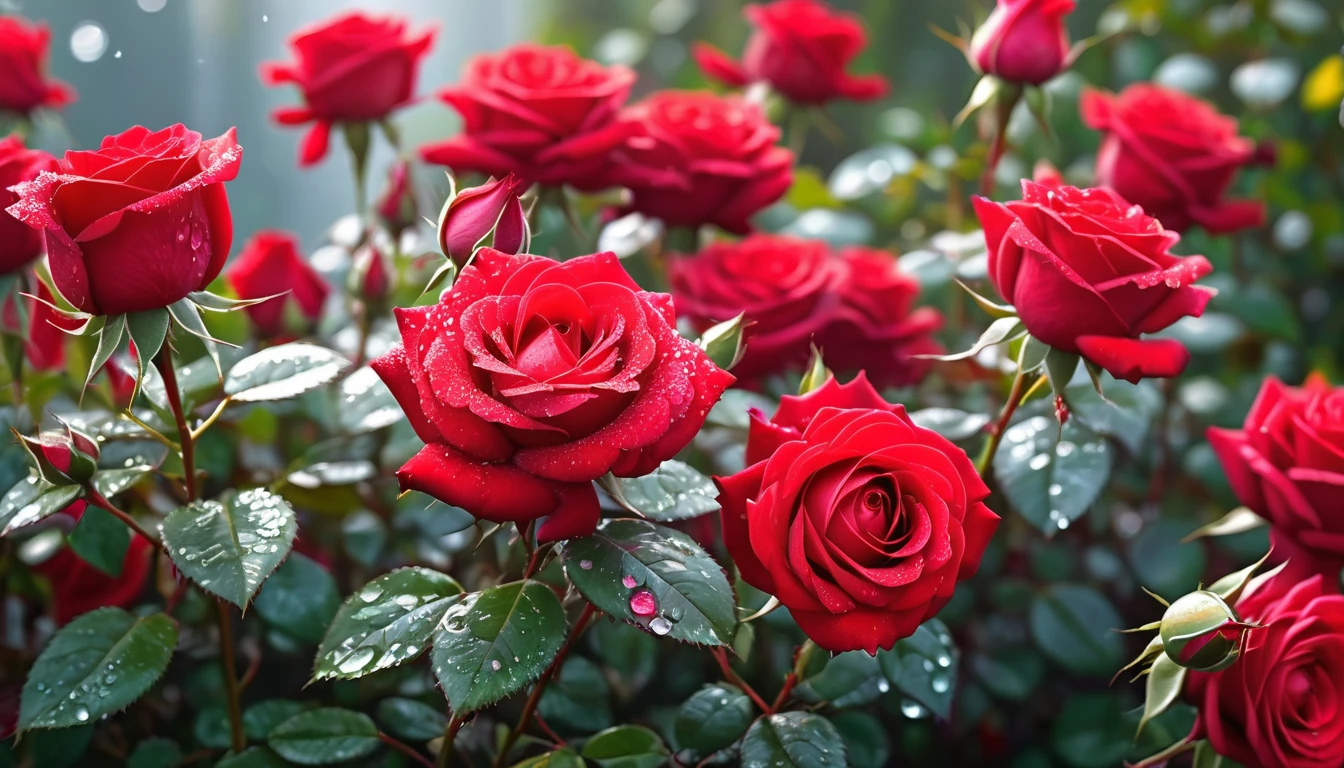 Many red color rose flowers in the garden and sunlight with bokeh, dew drops on flower petals (masterpiece, ultra quality, high resolution, 8k, intricate: 1.2), (masterpiece), (best quality:1)
