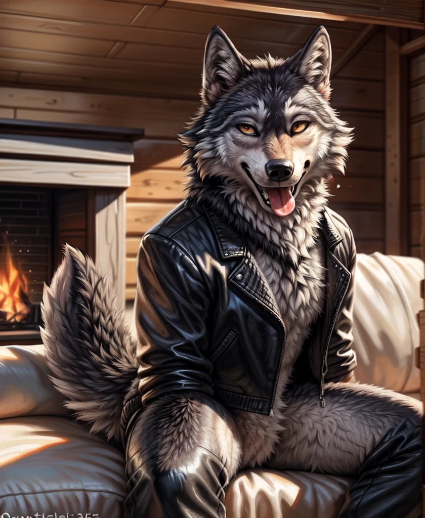 by kenket, by totesfleisch8, (by thebigslick, by silverfox5213:0.8), (by syuro:0.2), (by qupostuv35:1.2), depth of field, light particles,sharp focus,light particles,
Posing, Male, 30 years old, playful wink, mouth open with tongue hanging out, black leather jacket, anthro, wolf ears, (black fur:1.5), wolf, sitting on couch in log cabin, 8k, hi res, (best quality, masterpiece), (wolf tail:1.5), detailed fur