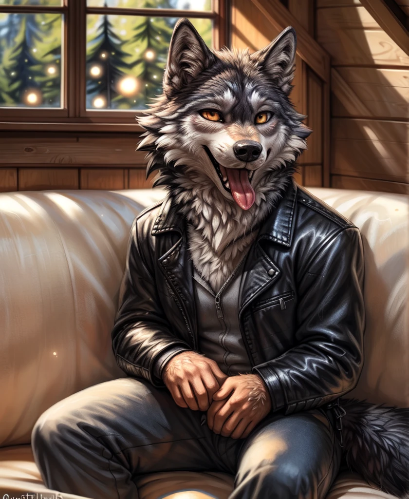 by kenket, by totesfleisch8, (by thebigslick, by silverfox5213:0.8), (by syuro:0.2), (by qupostuv35:1.2), depth of field, light particles,sharp focus,light particles, 
Posing, Male, 30 years old, playful wink, mouth open with tongue hanging out, black leather jacket, anthro, wolf ears, (black fur:1.5), wolf, sitting on couch in log cabin, 8k, hi res, (best quality, masterpiece), (wolf tail:1.5), detailed fur