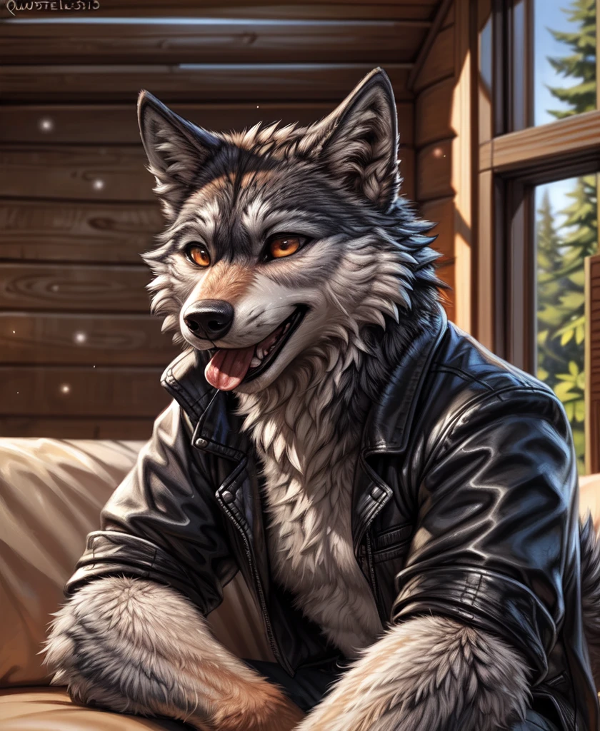by kenket, by totesfleisch8, (by thebigslick, by silverfox5213:0.8), (by syuro:0.2), (by qupostuv35:1.2), depth of field, light particles,sharp focus,light particles,
Posing, Male, 30 years old, playful wink, mouth open with tongue hanging out, black leather jacket, anthro, wolf ears, (black fur:1.5), wolf, sitting on couch in log cabin, 8k, hi res, (best quality, masterpiece), (wolf tail:1.5), detailed fur