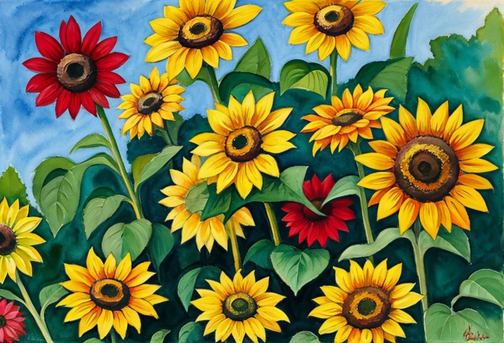 august macke style watercolor floral painting sunflower plants under sunshine