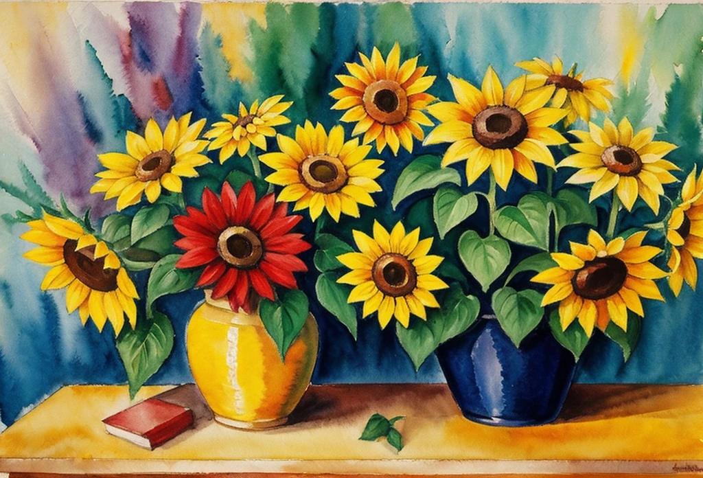 august macke style watercolor floral painting sunflower plants under sunshine
