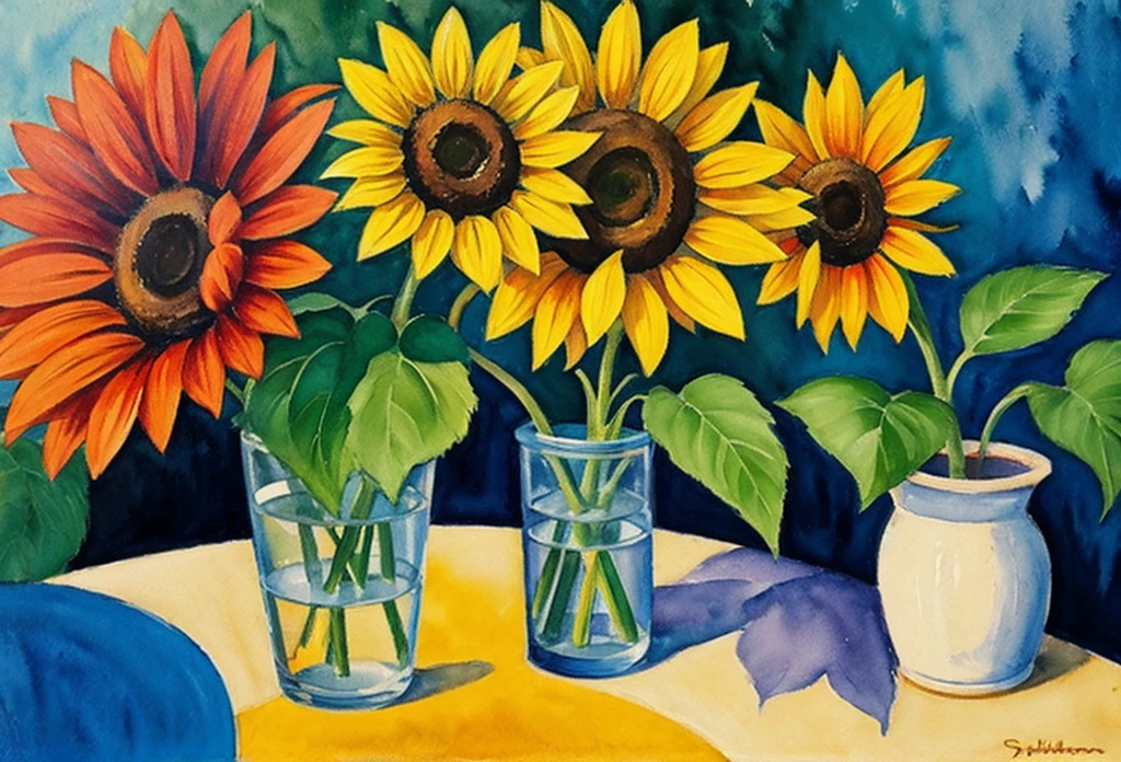 august macke style watercolor floral painting sunflower plants under sunshine