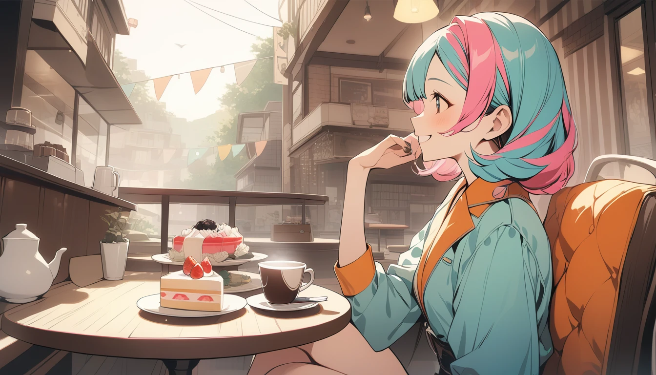 Cafe、Lovers、looks fun,smile、coffee、cake、 Multicolored Hair, 、Retro costumes, , Sideways glance, Sitting, Hyper Pop, Stylish、 Retro feel, overview, masterpiece, Highest quality,