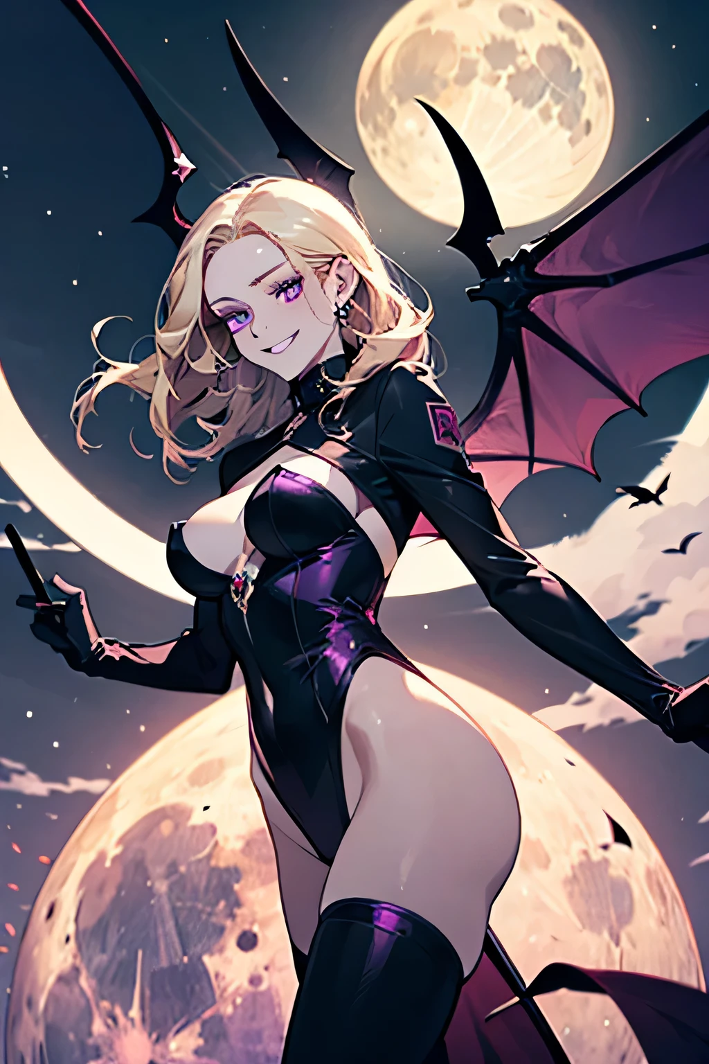 Succubus,Provocative smile,Blonde,Purple eyes,Purple devil wings. Full moon in the background.