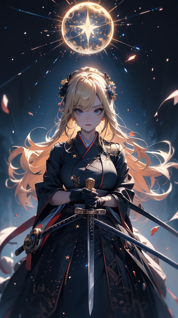 masterpiece, high quality, 4K, Beautiful design, silhouette，blonde， 非常に詳細な夜のStarry Sky,Flower Field， wonderful, Finer details,  Very knowledgeable woman, Highly detailed solo, 1 female,Big Breasts，Gothic Lolita Fashion，Japanese sword，Night view，Starry Sky，full moon，
