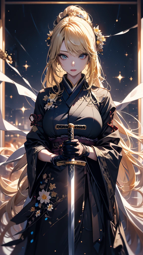 masterpiece, high quality, 4K, Beautiful design, silhouette，blonde， 非常に詳細な夜のStarry Sky,Flower Field， wonderful, Finer details,  Very knowledgeable woman, Highly detailed solo, 1 female,Big Breasts，Gothic Lolita Fashion，Japanese sword，Night view，Starry Sky，full moon，