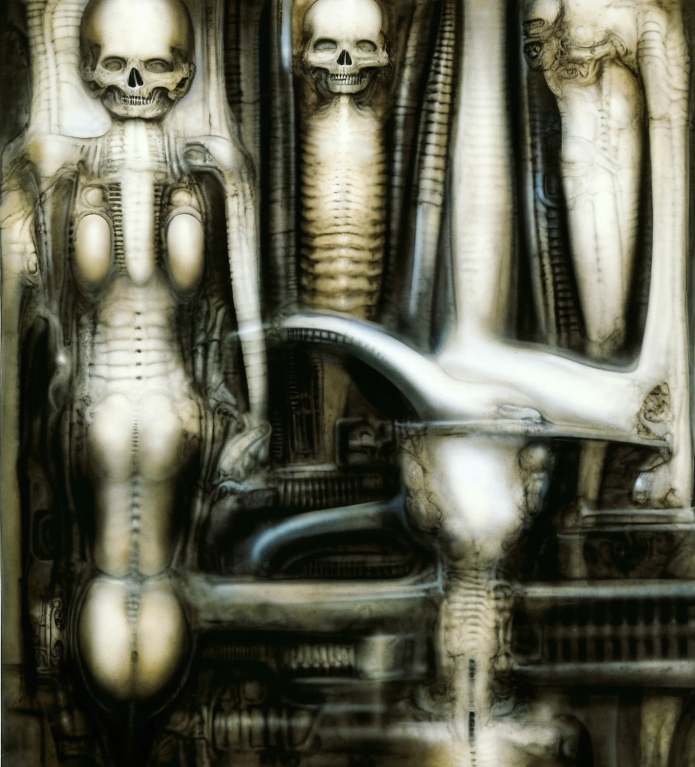 
The image is a detailed view of H.R. Giger's \" Landscape XVI \" plate, featuring a complex network of bones and organs in a purple-brown hue ,swirling gray and brown colors. The artwork is silver and purplish brown, with an ivory bones prominently displayed. The image is highly detailed and intricate, almost like a 3d version of a medical diagram 
The image is an artistic representation of a mechanical structure with pipes and gears, with a skeletal creature and a windmill blade.

biomechanical landscape by Hans Rudie Giger composed of fossilized and mummified alien life forms. Image depicts a strange and dreamlike, combines biological and mechanical ,managed  to dreamlike quality. Centralized recognizable shapes of skulls, rib cages, and spines, all intertwined with tubes and cables. These shapes suggest fossilized mummified alien life forms. Central skeletal structures and what appears to be a ribcags of ivory in the foreground are the most identifiable organic elements. The mechanical elements are evident in the wires and tubes emanating from the skeletals, as well as the smooth metallic tubes. In the background shapes are visible that could be interpreted as other fossilized or mummified alien life.
Light source from the top highlights skeletals, upper part of foreground, lower part of image is in shadow. 


The piece is a tableau, most likely created with a India ink pen or pencil on paper, determined by the thin lines, shading techniques, and the texture of the paper, which is visible around the edges.
used is pen, given the shading and variations in line weight visible in the image. One have used a variety of pencils with different degrees of hardness to achieve the shading effects

The style  is clearly biomechanical. Features combination of organic and mechanical forms. Mechanical elements dominate the composition, there are subtle organic hints. The use of undersaturated purple-grays dark contrasts creates a stark and graphic look. Is used a variety of l