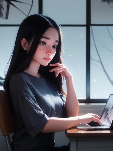 a beautiful detailed anime girl around 20 years old, winning, happy expression, sitting in front of study desk with laptop, looking at her laptop, tears of joy, detailed facial features, long eyelashes, detailed skin, detailed hair, cinematic lighting, dramatic lighting, highly detailed, smooth shading, rich colors, digital painting, concept art, beautifully detailed, high quality, photorealistic