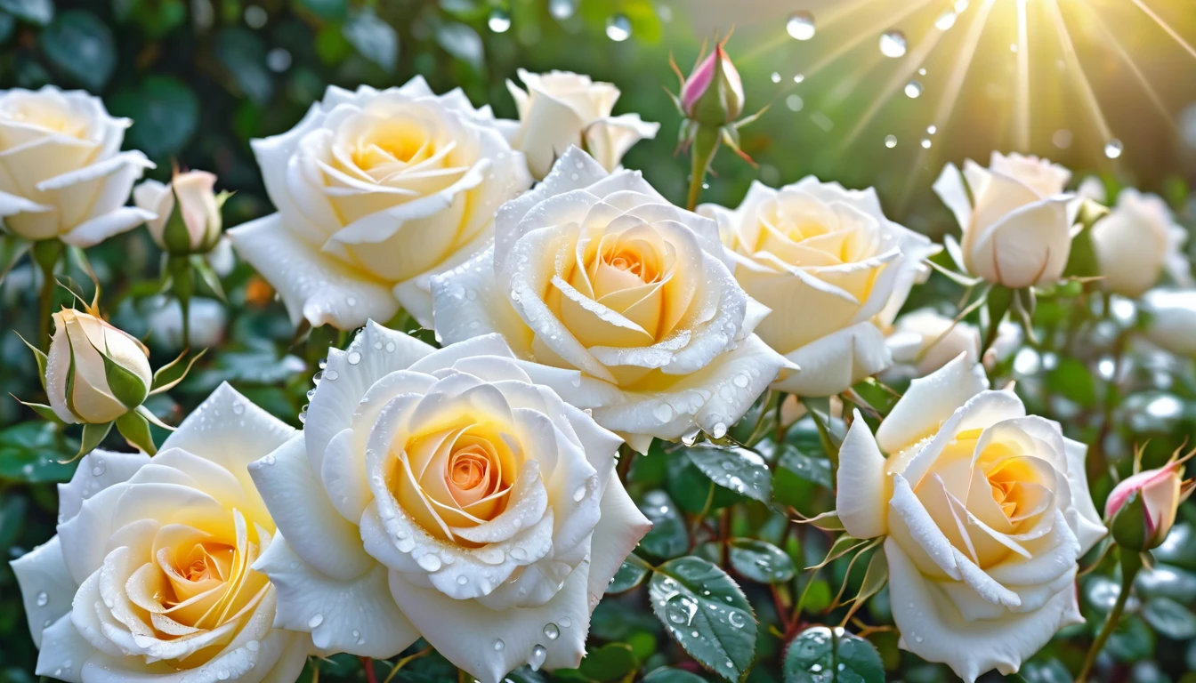 Many white color rose flowers in the garden and sunlight with bokeh, dew drops on flower petals (masterpiece, ultra quality, high resolution, 8k, intricate: 1.2), (masterpiece), (best quality:1)