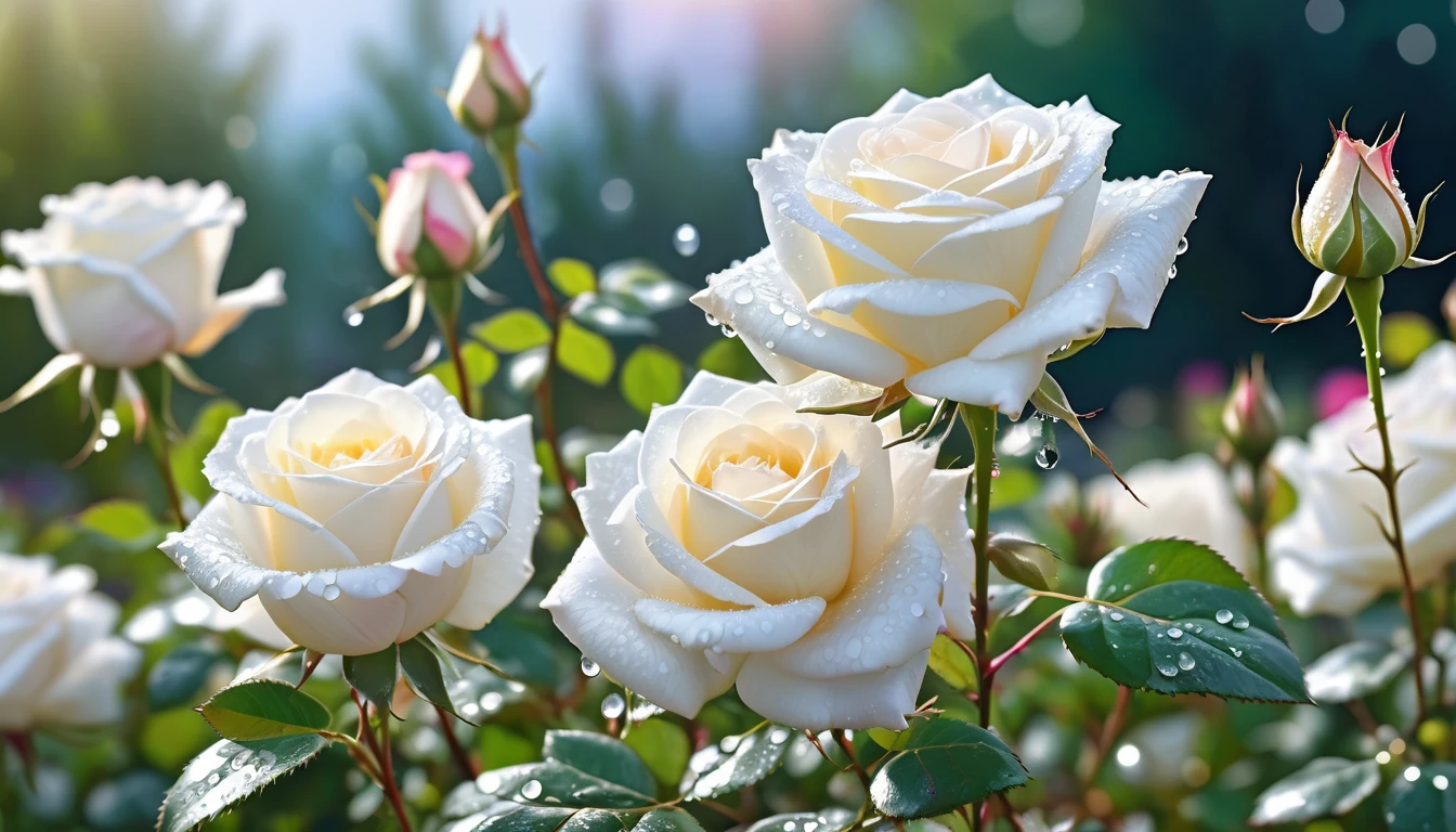 Many white color rose flowers in the garden and sunlight with bokeh, dew drops on flower petals (masterpiece, ultra quality, high resolution, 8k, intricate: 1.2), (masterpiece), (best quality:1)