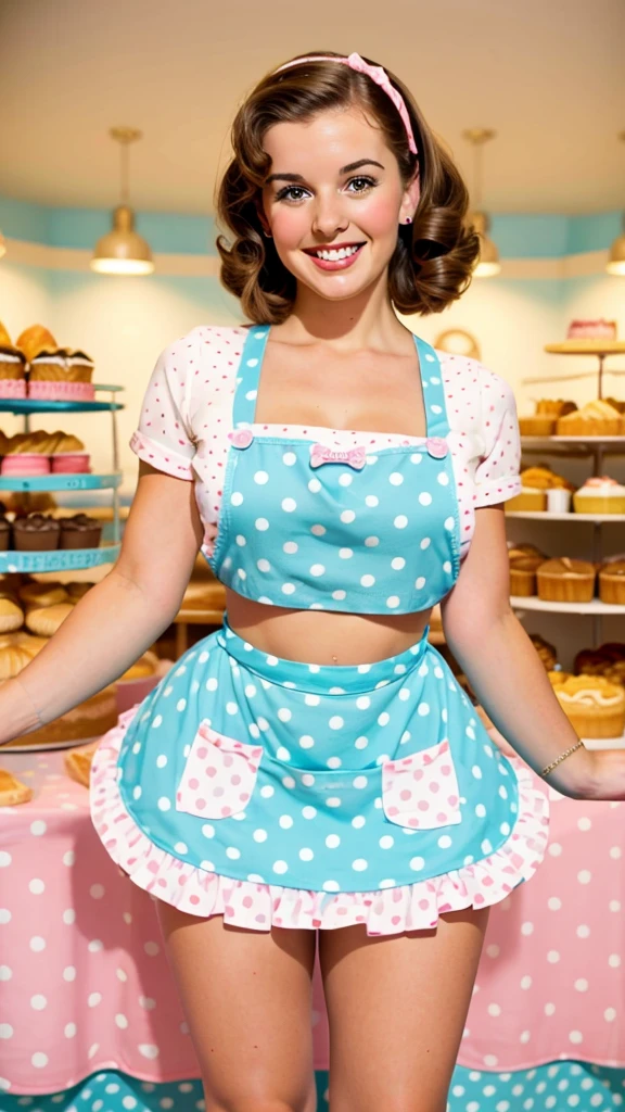 photo of a brunette pinup girl jumping out of a huge cake in an apron in pinup style beautiful smile beautiful bakery bright light colors pastel mini skirt with polka dots posing in pinup style sexy