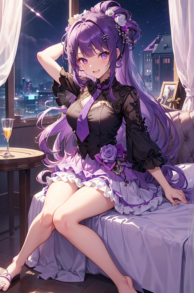 She has light and dark purple hair, medium brown skin and wears a lavender suit with a cat face on it, a golden chain necklace, two light pink fuzzy bracelets and magenta shoes with black soles. SPARKLE; GLITTER