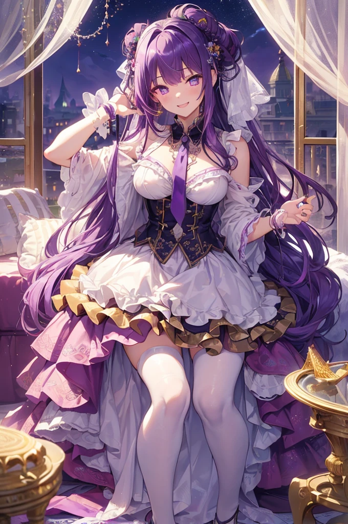 high-level image quality、​masterpiece、8K、detaileds、1 persons、独奏、20-year-old woman、One person on the screen、1,000,000 points Hara Salome、Princess、Mature girl、Light purple hair、very large amount of hair、Parting the middle bangs、Looks like a forehead、、Bangs are 7/3.、Super long hair、Braids、curl hair、Long curled hair hanging over both shoulders、Small purple ribbon on the right、Hair up to the waist、Hair is very long and straight、Curl your back hair、cuticle、Nice、Princess、Full body like、Dark purple eyes、Contemptuous gaze、Thin eyebrows、Sharp eyes、Cheerful smile、huge smile、Fluffy smile、Medium soft breasted、Clothing that emphasizes the chest、Gothic Lolita Fashion、Sky with a lot of frills、Panchira、Mature girl、Pichi Pichi clothes、Clothes with ribbons、 Sheer nipples、nipples stand、Pubic hair soothing、full of sweat、perspiring、、Raise your hands up、Grab your head with both hands、Cross your legs、Cross your legs、sit a chair、A high chair that sits shallowly on a chair、、The gaze is watching the viewing、closes mouth、Do not show your teeth、High laughter、Smile generously、Lying on the floor、in a house、mansion、rich man、Rich、a gorgeous、noble、Night、excited、Ecstatic look、Imarathion、