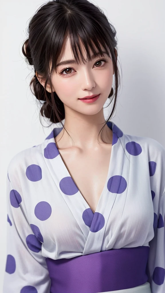 (highest quality、8k、32K、masterpiece、nffsw:1.2)、(RAW photo)、(realistic)、(Photoreal:1.2)、(High resolution)、Super detailed、very beautiful face and eyes、1 girl、round and small face、thin waist、delicate body、(close、highest quality、high detail、rich skin details)、(highest quality、8k、oil paint:1.2)、Super detailed、(realistic、realistic:1.37)、(((touch my mouth)))、(((Bewitching atmosphere)))、(((laughter)))、(((white background)))、((long hair))、(((pure white wall background)))、(((She is wearing a purple polka dot yukata)))、(((pure white wall background)))、(((Light purple yukata)))、(((Dot pattern yukata)))、(((loose and fluffy permed hair)))、(((大laughterしています)))、(((touch your chin with your hand)))、
