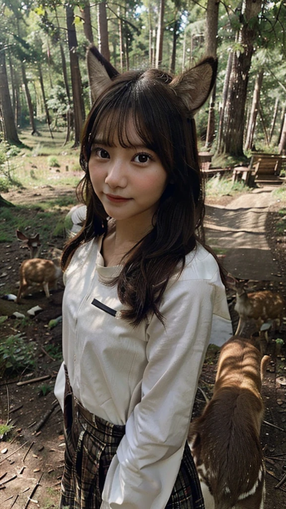 The girl met a wild deer in the forest and decided to pet it.
