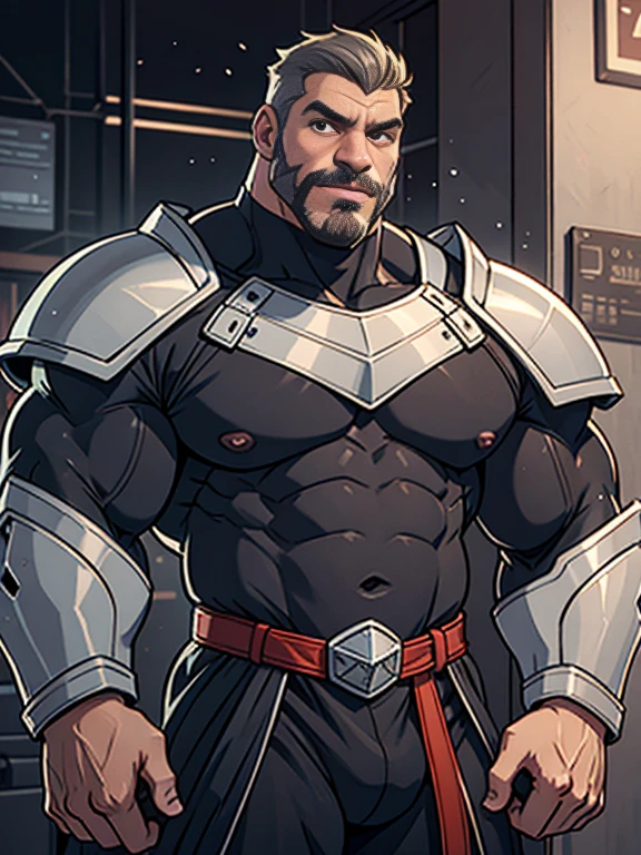 burly virile hairy werelion, in a suit of armor, a himbo muscle daddy, middle-aged dilf, hirsute, overmuscular and musclebound, bulging veiny muscles, a warrior's build, a bodybuilder's physique, long bushy and a thick mustache, a square jaw, handsome and dreamy, grey hair, a knight clad in armor