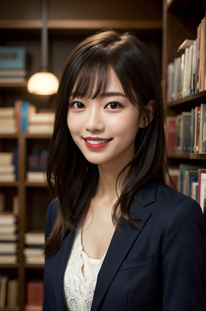 (8k、RAW Photos、highest quality、masterpiece:1.2)、(Realistic、Realistic:1.37)、Very detailed、超A high resolution、1 girl、View your audience、Beautifully detailed face、A smile showing just a few teeth、narrow、(Slim waist) :1.3)、((Wearing a suit))、beautifully detailed skin、Skin Texture、Floating Hair、Shapely large breasts、Professional Lighting、Bright room、Bright library、Human whole body、Black Hair、I have a book、
