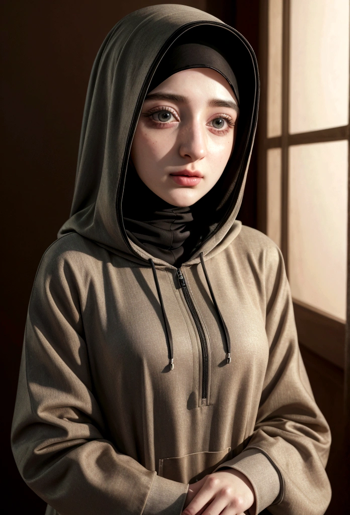 (RAW photo, best quality), (Cuteness Mawra Hocane), (realistic, photo-realistic:1.3), HIJAB OUTFITS DRESS, Hoodie, best quality of Hijab Girl, Full Hijab Dress, highly detailed Hijab, masterpiece, ultra-detailed, illustration, 1girl, upper_body, dynamic angle, world masterpiece hijabi, messy_long_hair, best qua, extremely detailed CG unity 8k wallpaper, ink, Amazing, cinematic lighting,
