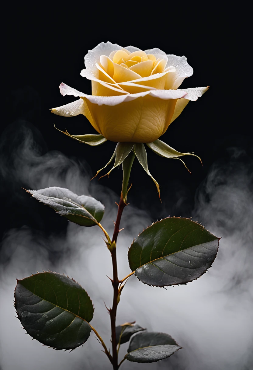 A black background with a small golden rose in the middle and a white fog surrounding it, giving a dark and mysterious vibe on the flower.