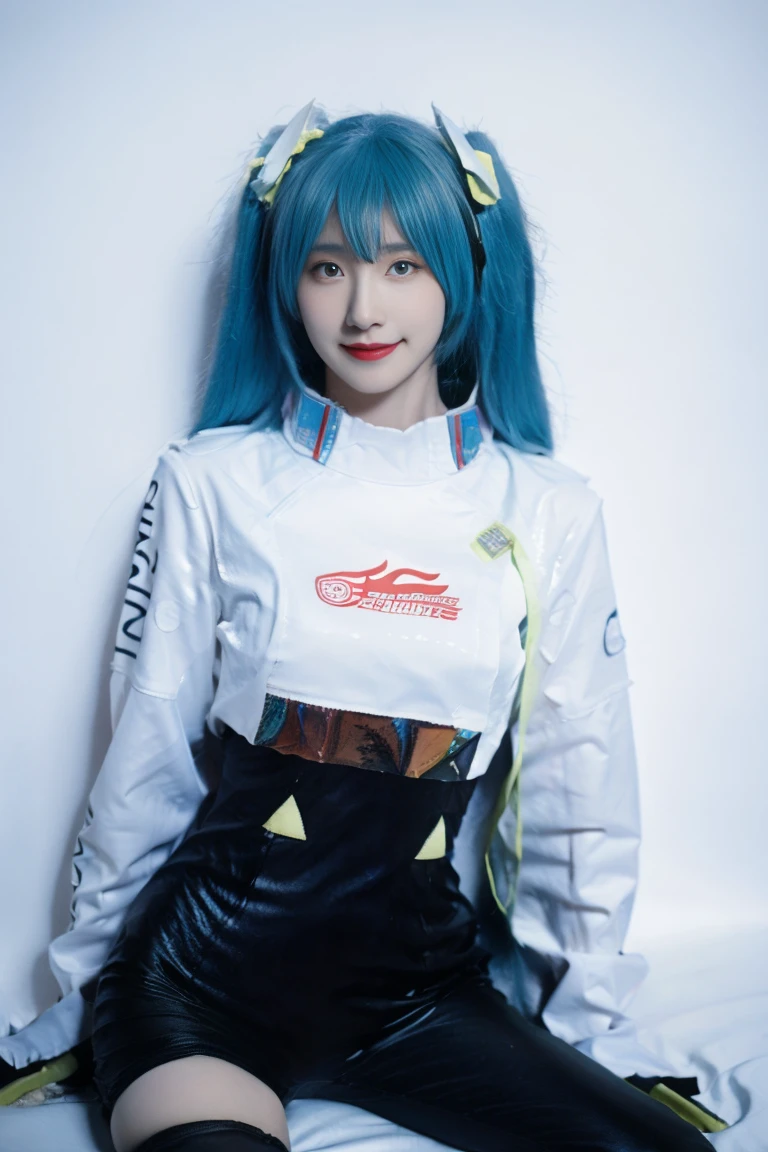 best quality, tmasterpiece,Ultra-high resolution,Clear face,（Reality：1.4），ferpect lighting，(upper body shot), (photorealistic:1.50), anime wallpaper, Guviz style artwork, cover-up fantasy up to magic , by Yang J, Guviz, beautiful artwork illustration, beautiful digital artwork, beautiful digital illustration, Li Song, beautiful anime portrait, art style in Beauvot, 1girl, 独奏, looking at viewer, smile, standing, full body, arms at side, hatsune miku cosplay costume, hatsune miku, racing miku, cosplay, twintails, aqua hair, very long hair, ????????, black ????????, asymmetrical ????????, crop top, white crop top, cropped jacket, white cropped jacket, long sleeves, logo on crop top, logo, print ????????, hair ornament, gloves, two-tone gloves, clothes writing, single legwear, single thigh boot, high heel, grey background, 