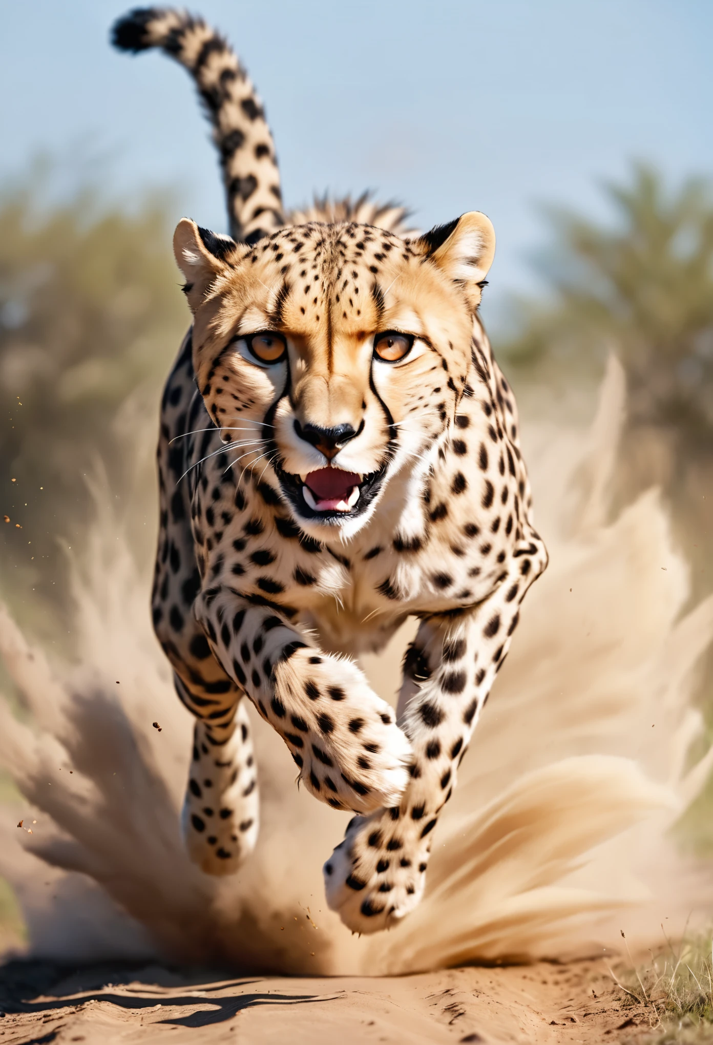 Realistic photos, RAW Photos, Cheetah attacks viewer, Powerful movements, jump on prey, ((Dynamic jump)), Cheetah approaching from the sky, sudden approach, Bad-tempered, dynamic Shot from grand