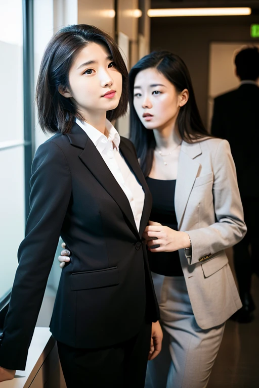 ((Highest quality)), ((masterpiece)), (detailed), Lesbian couple、Browsing Caution、Two Women, ,suit,2 units,Facing each other,Office Space
