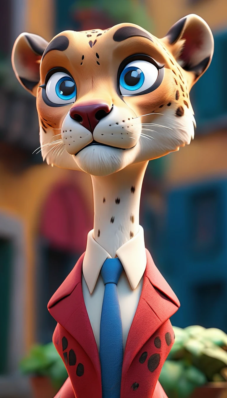 a 3d animated style cheetah humanoid character, wearing a white jacket, blue eyes, Red tie, standing in an italian town, studio lighting, vibrant colors, cinematic composition