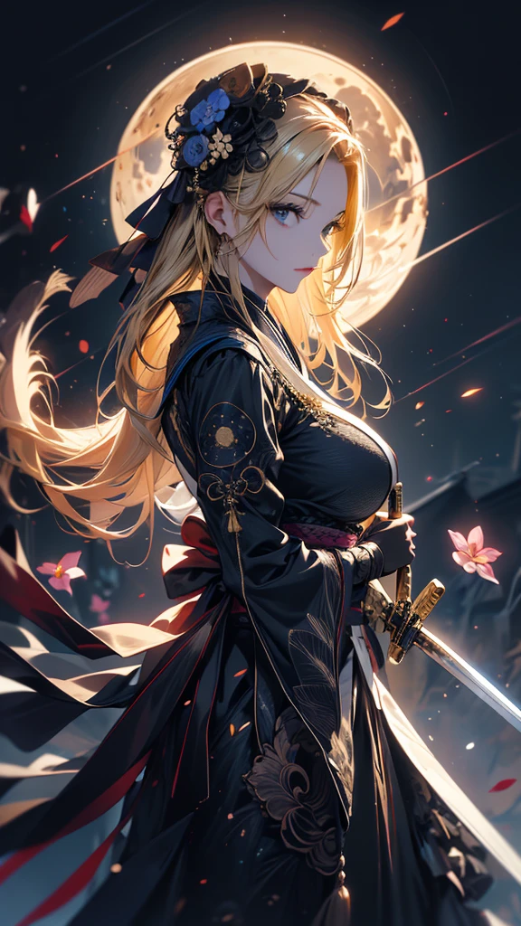 masterpiece, high quality, 4K, Beautiful design, silhouette,blonde, 非常に詳細な夜のStarry Sky,Flower Field, wonderful, Finer details, Very knowledgeable woman, Highly detailed solo, 1 female,Big Breasts,Gothic Lolita Fashion,Japanese sword,Night view,Starry Sky,full moon,
