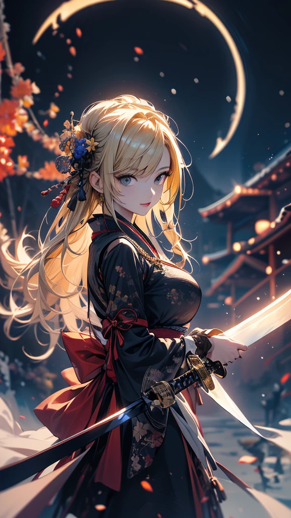 masterpiece, high quality, 4K, Beautiful design, silhouette,blonde, 非常に詳細な夜のStarry Sky,Flower Field, wonderful, Finer details, Very knowledgeable woman, Highly detailed solo, 1 female,,Gothic Lolita Fashion,Japanese sword,Night view,Starry Sky,full moon,