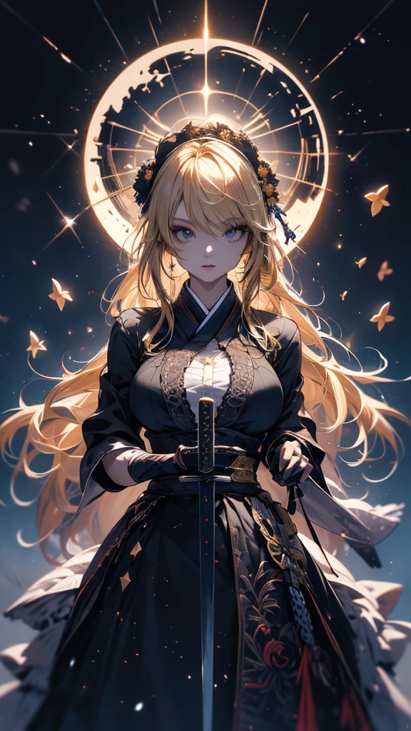 masterpiece, high quality, 4K, Beautiful design, silhouette,blonde, 非常に詳細な夜のStarry Sky,Flower Field, wonderful, Finer details, Very knowledgeable woman, Highly detailed solo, 1 female,,Gothic Lolita Fashion,Japanese sword,Night view,Starry Sky,full moon,