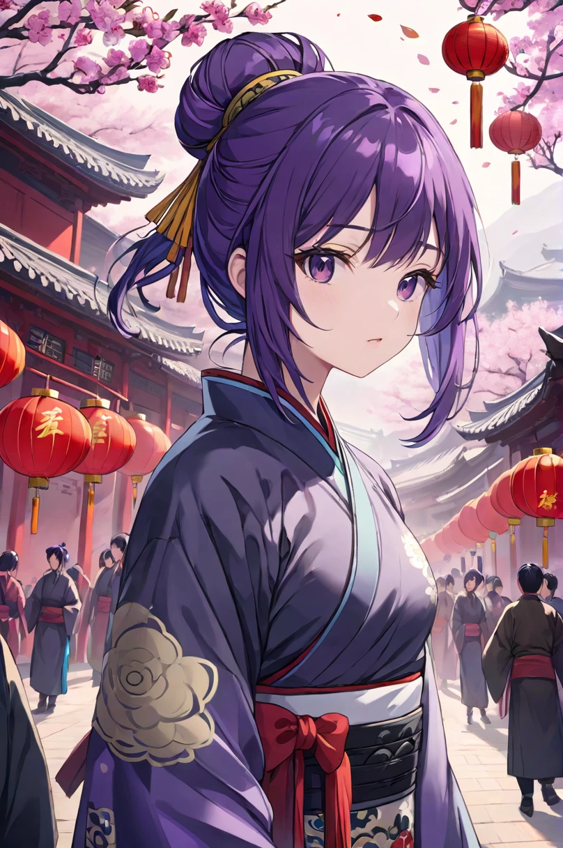 ultra-detailed,(best quality),((masterpiece)),(highres),original,extremely detailed 8K wallpaper,(an extremely delicate and beautiful), anime, 1girl,raiden shogun,purple hair,solo,looking at viewer,chinese clothes, BREAK (chinese architecture ),spring festival,(chinese new year),(lunar new year),(busy street), BREAK 