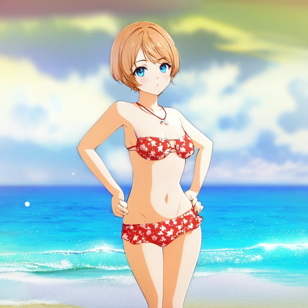 Blue Eyes、cartoon girl in a bikini standing on the beach with her hands on her , realistic bikini, clothing: bikini, Smooth anime CG art, is wearing a Swimwear, Beautiful and attractive anime woman, Girl on the beach, Swimwear, Beautiful and attractive anime teen, Created by Anime Painter Studio, Cute 3D anime girl render, in retro Swimwear, Swimwear