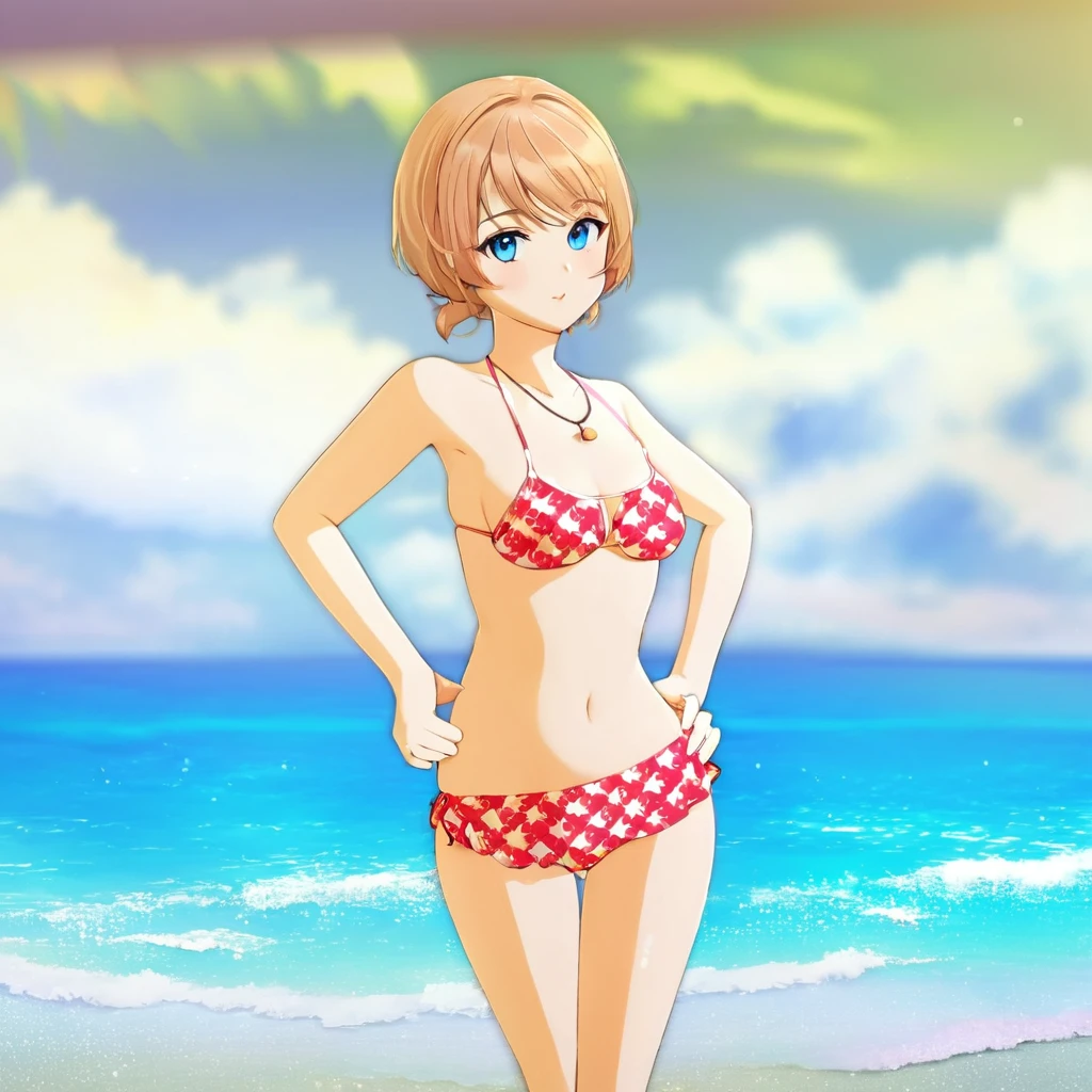 Blue Eyes、cartoon girl in a bikini standing on the beach with her hands on her hips, realistic bikini, clothing: bikini, Smooth anime CG art, is wearing a Swimwear, Beautiful and attractive anime woman, Girl on the beach, Swimwear, Beautiful and attractive anime , Created by Anime Painter Studio, Cute 3D anime girl render, in retro Swimwear, Swimwear