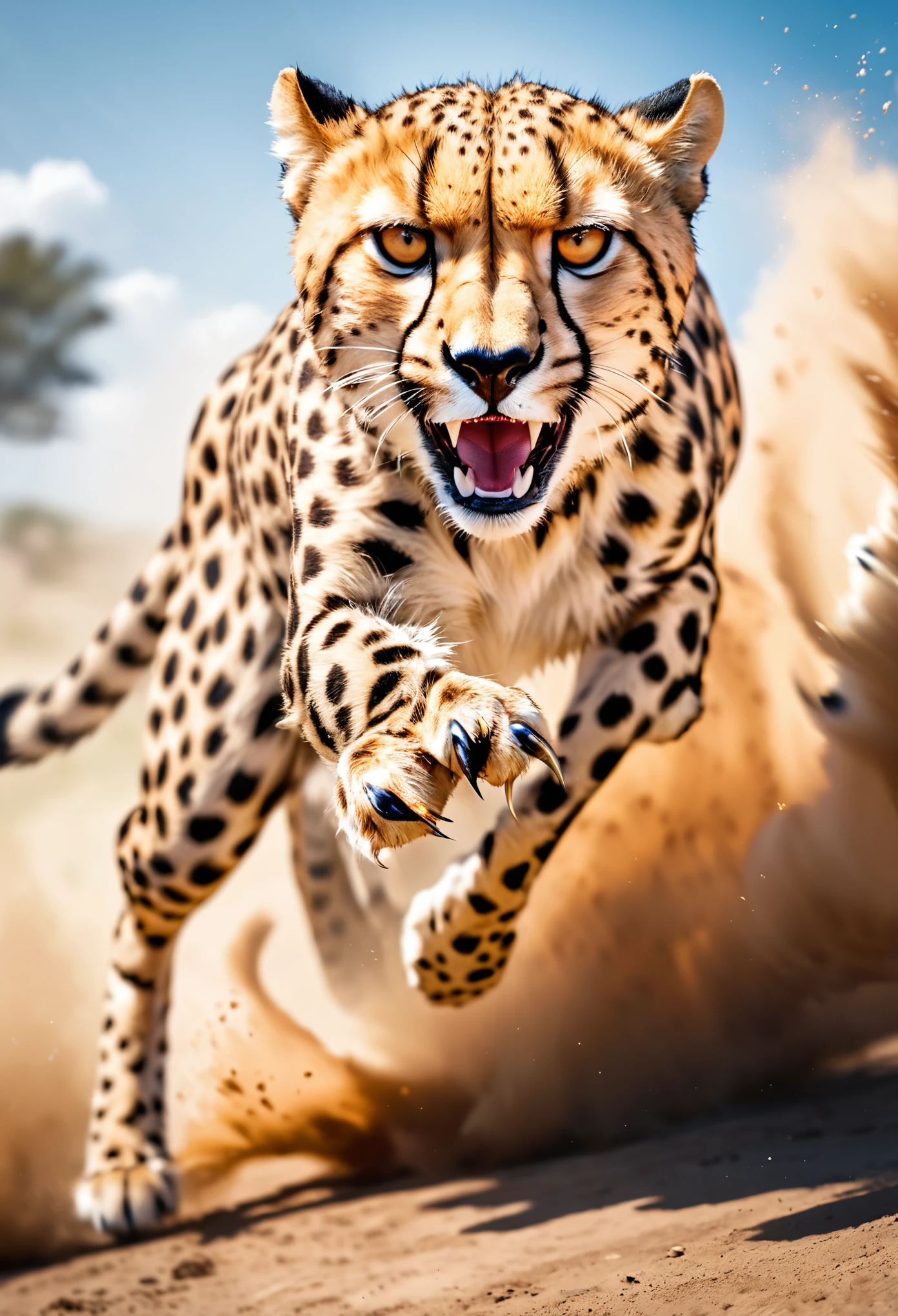 Realistic photos, RAW Photos, Cheetah attacks viewer, Powerful movements, jump on prey, ((Dynamic jump)), Sharp Claws, Cheetah approaching from the sky, sudden approach, Bad-tempered, dynamic Shot from grand