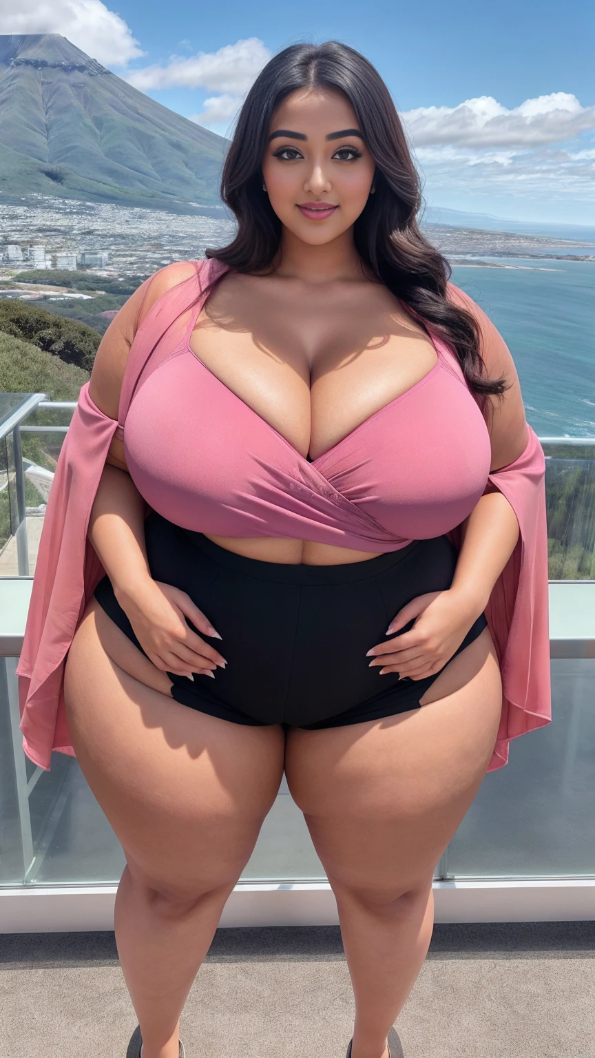 monali thakur Indian beautiful actress curvy plus size hour glass bulky huge figure woman, closeup camera view, big huge m-cup breast, wearing SHEIN Frenchy Plus Size Ditsy Floral Square Neck Bubble Sleeve Jumpsuit For Summer Color: Red, covered Bust , elegant standing position, eye contact view, different style hairstyle, bright eyes, thin eyebrows, fair skin, blushing cheeks, prefect head to toe view, full body, and expansive views, ideal for high-fashion or editorial shoots, ultra realistic skin texture, head to toe view, full body shot, full body view, smile face, black hair, Indian face, perfect skin tone light, ultra realistic skin texture, bigger waist, busty, big hips, fleshy thighs, thick thighs, busty, full body view, Mount Fuji, Cape Town, South Africa: Table Mountain backdrop with stunning coastal views.