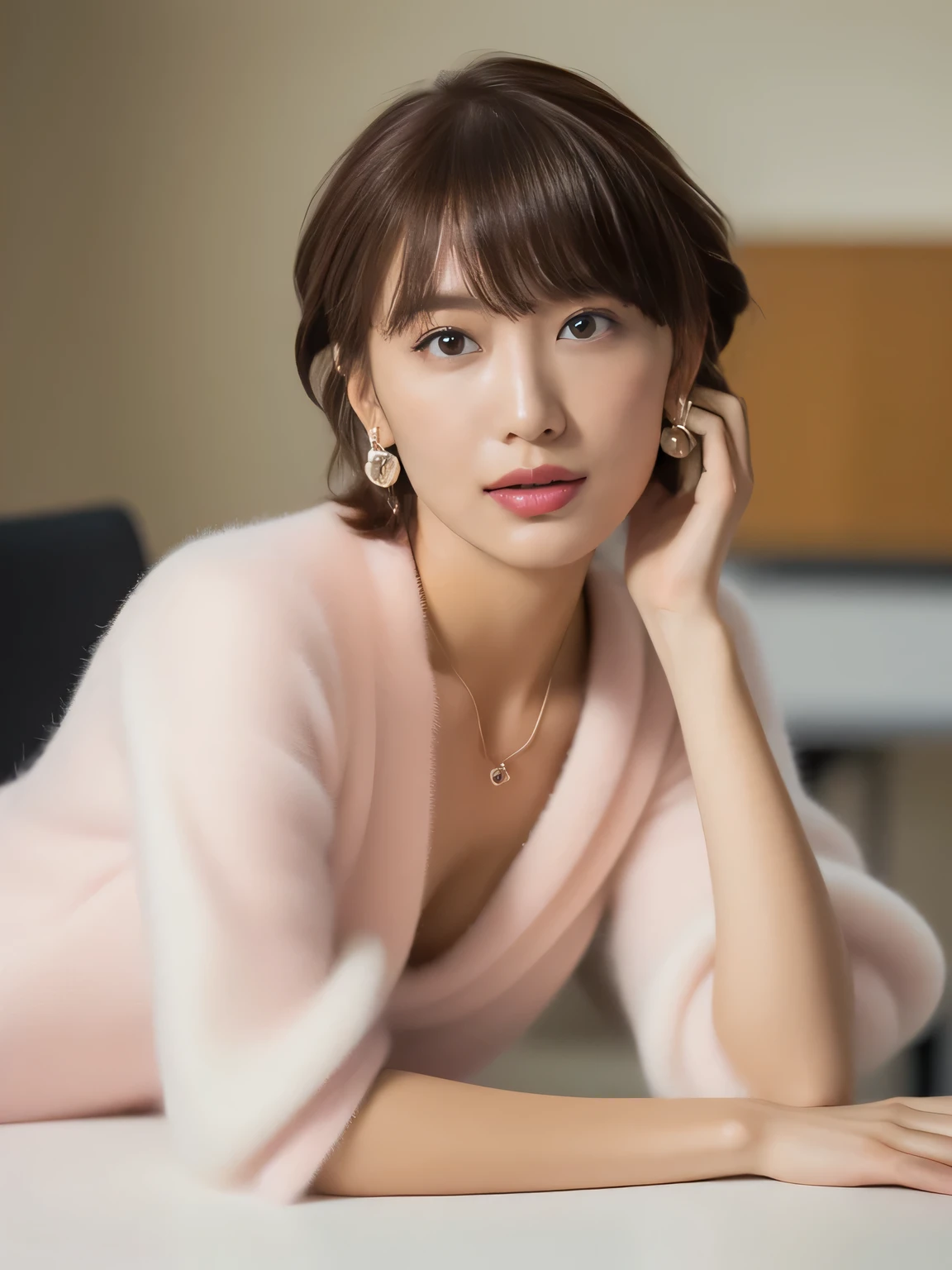 ((Realistic photos, Wide-angle photography, Uplifting,  Photo, Take a full body photo:1.5)),
(Stylish glitter shirt, Pretty skirt, wearing black stockings:1.5),
(, The shape of the  is visible,Beautiful thighs,Ultra-detailed skin,Small pores in the skin:1.2),

((Her body is incredibly beautiful and stylish:1.2)),
((She is sitting slouched at her desk, She is kindly teaching me, She has a lovely mannerism:1.6)),

((Ask your teacher to teach you how to kiss, Touching the teacher's breasts, The teacher's breasts are soft and feel good, The teacher's crotch is getting hot:1.5)),

((28 years old, Beautiful tutor teacher, Naughty lips, Sexy body, Body facing forward:1.4)),
((Small breasts, Flat Chest, chest is slightly drooping:1.2)),

Eye focus, Narrow shoulders, Beautiful clavicle, Thin arms, Thin legs, The back of the hand is beautiful and feminine, Slim figure, Soft belly, Tight waist, Highly detailed face, super detailed breasts, Ultra-detailed skin, Fair skin, Shiny skin,
Ultra-detailed lips, Fuller lips, Thick and soft lips, Glossy pink lips,
Blushing, White teeth, blue eyes,
Beautiful actress makeup, Intense and cute makeup, Pink lipstick, Dark brown hair, Delicate and soft hair, (Put your hair up, Fluffy short bob:1.2),
(Sweep your bangs to the side:1.2), Stylish earrings,necklace,
