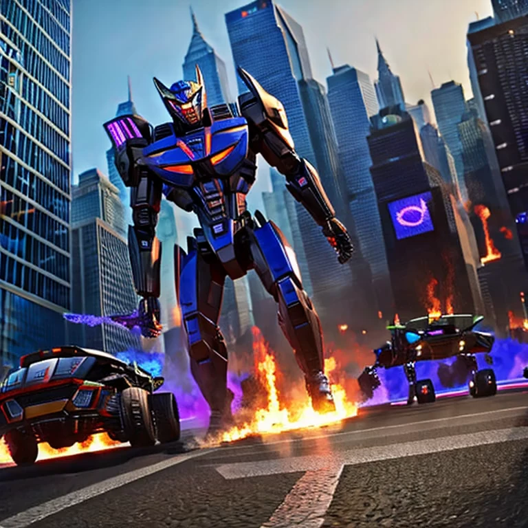 A transformer based on a spider (Decepticon) fights a transformer themed around a Cheetah (Autobot), robot battle in New York, explosions, high action