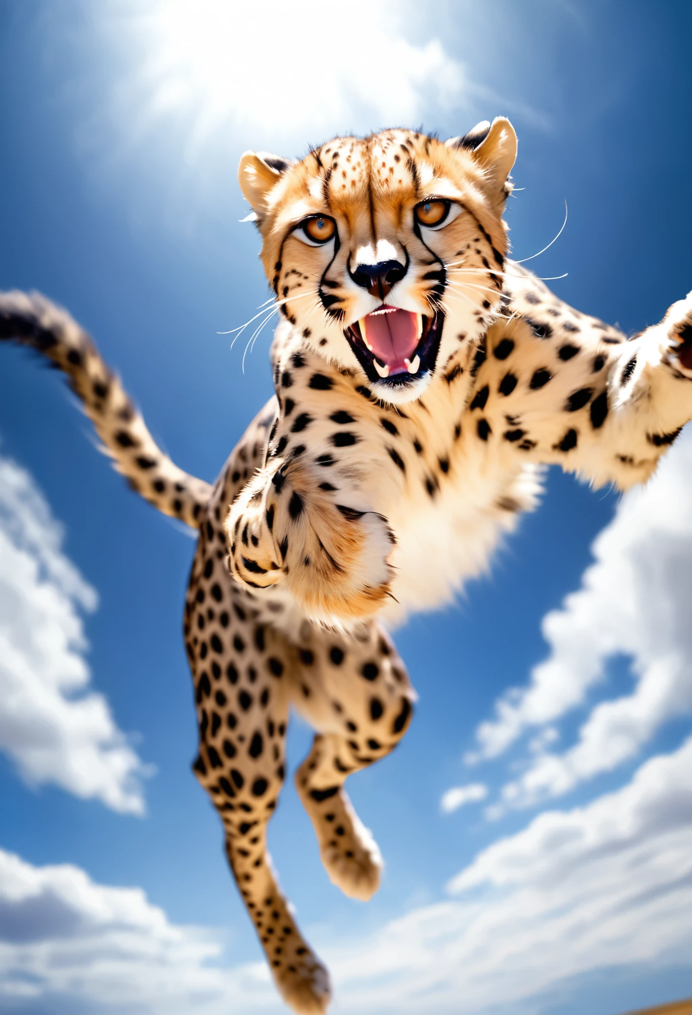 Realistic photos, RAW Photos, Cheetah attacks viewer, Powerful movements, jump on prey, ((Dynamic jump)), Cheetah approaching from the sky, sudden approach, Bad-tempered, dynamic Shot from grand
