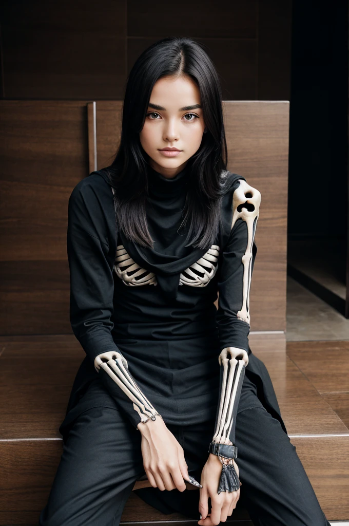A skeleton sitting on a thron wearing black clothes 