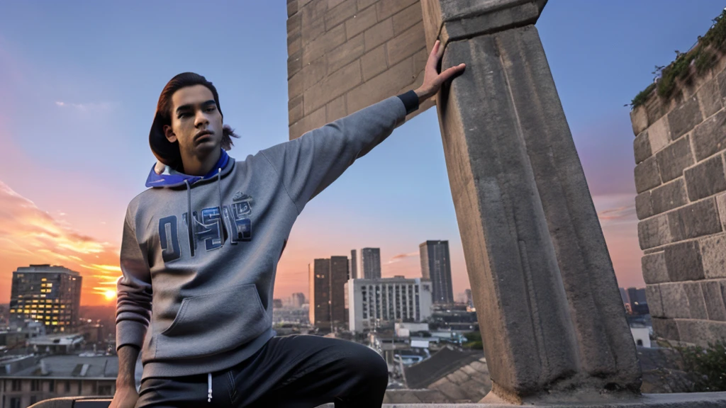 "A sigma male with a strong, intense gaze, dressed in casual yet stylish attire, leaning against a city wall at sunset."