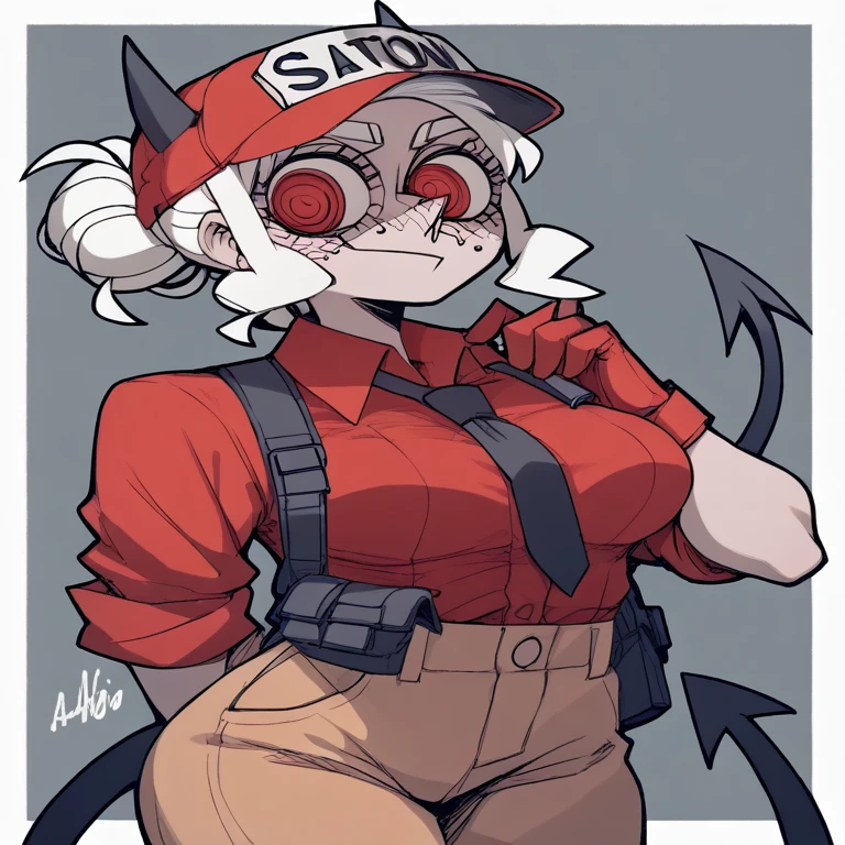 A female construction worker wearing an Adrian helmet, as a Helltaker demoness with short chin length hair