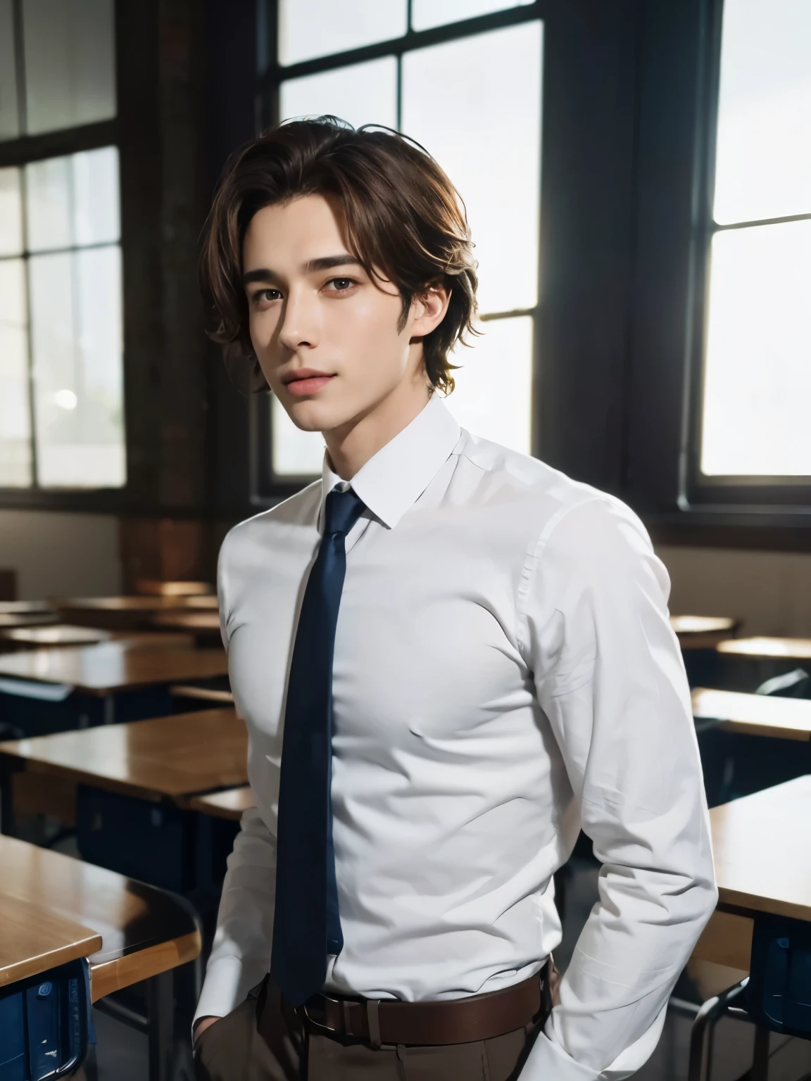 (Masterpiece, Hyperrealistic, 8k, HDR, RAW), ((Natural illumination)), window illumination, inside illumination, (((Inside a classroom))), ((handsome man)), american boy, bad boy, 21 years old, ((White shirt)), ((brown trousers)), ((brown eyes)), ((short wavy hair)), ((Tall)), ((Toned muscular body)), ((brown hair)), sexy face, big eyes, grin, perfect anatomy