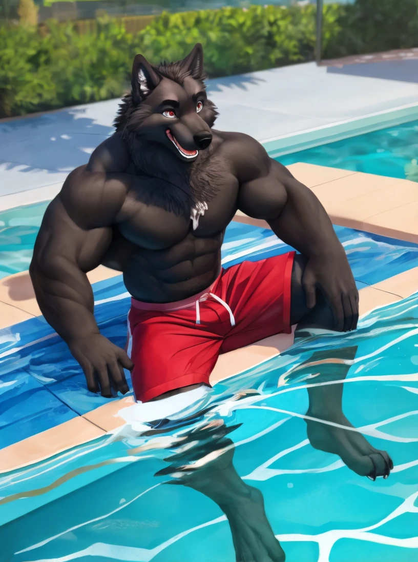 furry, solo, overlooking view, sideways, juvenile, Wolf, healthy build, front, muscle, thin, tail, black fuzz, red eyes, open mouth, sitting poolside, laughing, red swimming trunks, lower body in water, pool, float, indoor, swimming pool, swimming pool, water,