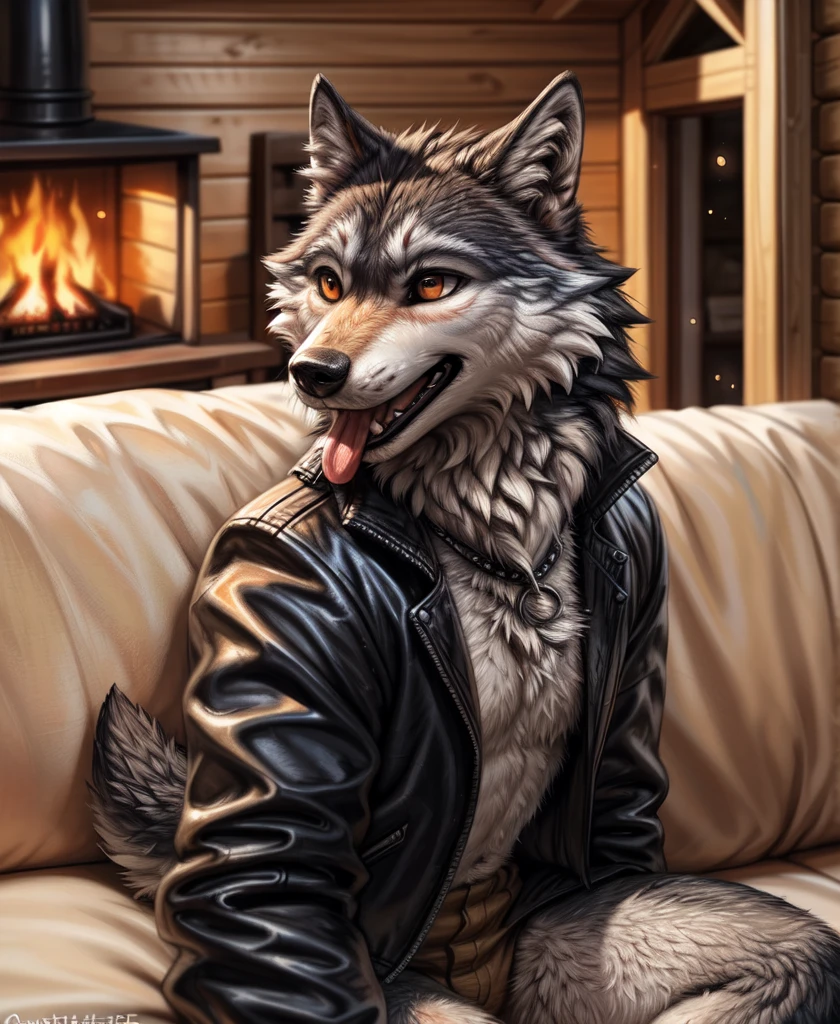 by kenket, by totesfleisch8, (by thebigslick, by silverfox5213:0.8), (by syuro:0.2), (by qupostuv35:1.2), depth of field, light particles,sharp focus,light particles, 
Posing, Male, 30 years old, playful wink, mouth open with tongue hanging out, black leather jacket, anthro, wolf ears, (black fur:1.5), wolf, sitting on couch in log cabin, 8k, hi res, (best quality, masterpiece), (wolf tail:1.5), detailed fur