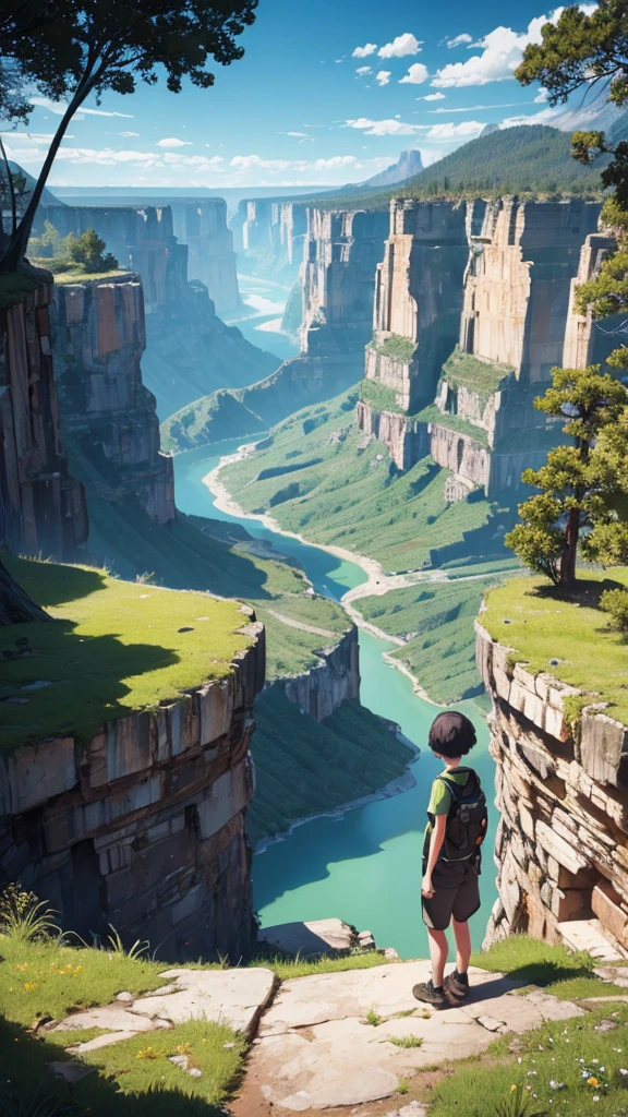 canyon ruins big tree pickaxe explorer explorer clothes hair green adult woman short hair ruins big lake absurdity big sky vast nature