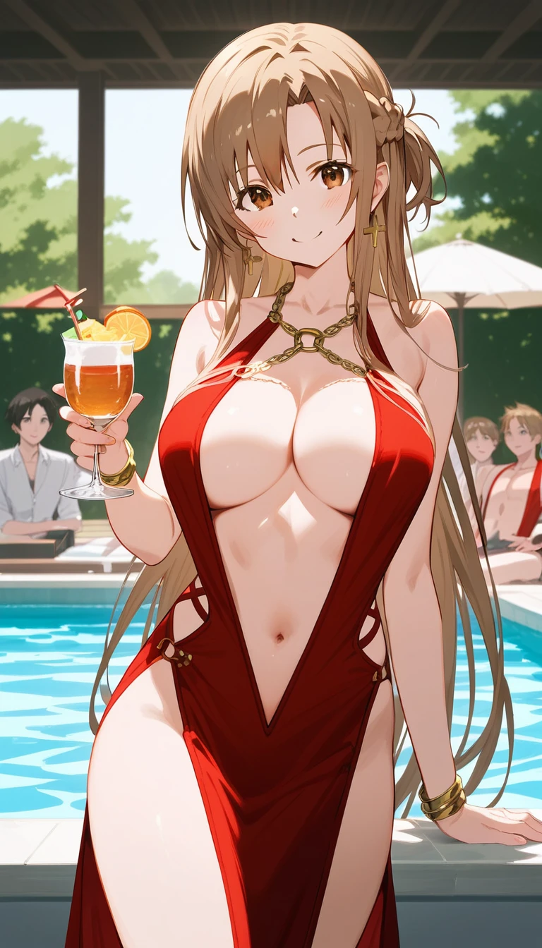 score_9,score_8_up,score_7_up,18 year old,1girl,asuna \(sao-alo\), sword art online,yuuki asuna,solo,nsfw,brown eyes, brown hair, long hair, bangs, braid,standing,leg up,hand on hip, holding cup,seductive-smile,blush,large breasts,brown hair,parted hair,long hair,red dress
,plunging neckline,gold chain,center opening,cleavage,navel,earrings,bracelet,pool ,people,multiple boys,